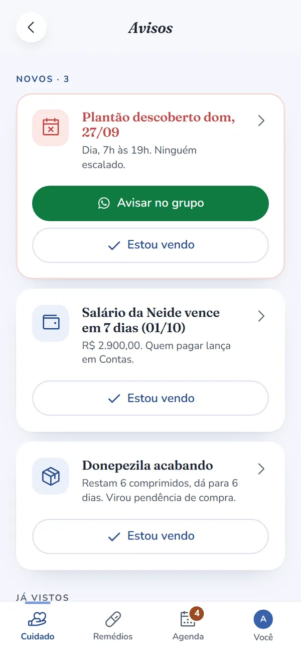 Tela Avisos: plantão descoberto no domingo com o botão Avisar no grupo, salário da Neide vencendo e Donepezila acabando, cada um com Estou vendo.