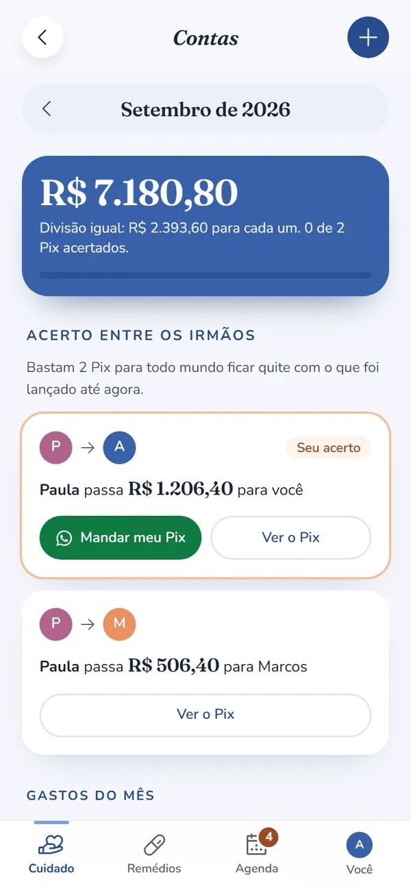 Tela Contas de setembro: R$ 7.180,80 divididos igualmente, R$ 2.393,60 para cada um; Paula passa R$ 1.206,40 para Ana, com o botão Mandar meu Pix.